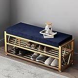 Modern Entryway Bench Decorative Furniture,Velvet Upholstered Shoe Bench With Golden Shoe Shelf,Premium Shoe Rack Bench Shoe Storage Bench-Blue 100x35x45cm(39x14x18inch)