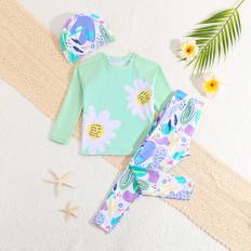 SHEIN Young Girl Swimsuit Set With Cartoon Pattern Print And Swim Cap
