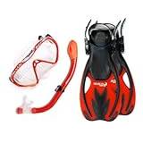 Two Bare Feet Junior SILICONE Mask, DRY TOP Snorkel & Fins 3PC Kids Diving Set (Red, S/M C9-C13)