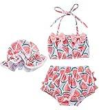 Toddler Baby Girl's 3 Swimsuits Watermelon Prints Bikini Bathing Suit Briefs Girls Bikini Beach Swimwear Hat Set Halter Bikini (Pink, 12-18 Months)