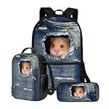 chaqlin Denim Hamster School Bags Set for Kids Children Backpack Animal Hamster School Bags with Lunch Box Pencil Case for Boys Girls Cute Bookbags 3 Pcs Casual Daypack