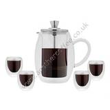 Grunwerg 4 Cup Double Walled Glass Cafetiere and Cup Gift Set