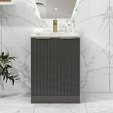 Lyon 600mm Gloss Anthracite Fluted Floor Standing Vanity Unit 2 Door with Undrilled Stone Basin & Brushed Brass Handles