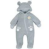 Baby Winter Hooded Rompers Fleece Overalls Long Sleeve Snowsuits Jumpsuits with Footies Boys Girls Winter Coat for Newborn 1-3 Months, Grey