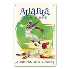 Atlanta, Georgia - Home of the Braves - Delta Air Lines - Vintage Airline Travel Poster by Fred Sweney c.1960s - 8in x 12in Vintage Wood Art Sign
