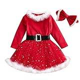Baby Girls 2 Piece Christmas Dress Clothes Set Faux Fur Long Sleeve Off Shoulder Dress with Headband for Toddler Girls (B Red, 18-24 Months)