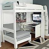 Family Window Kids Avenue High Sleeper Bed: Solid Pine Loft Bed with Pull-Out Sofa Bed, Desk, and Wide Ladder - Space-Saving Solution in Urban White and Grey (With pocket srung mattress)