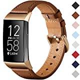 CeMiKa Strap Compatible with Fitbit Charge 4 Strap/Fitbit Charge 3 Strap, Genuine Leather Strap Replacement Wristband for Charge 3/Charge 4 Tracker, Brown/Rose Gold