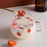 1pc, Strawberry Glass Cup, 400ml Oatmeal Cup, Morning Coffee Cups, Drinking Glasses For Juice, Milk, Tea, And More, Summer Winter Drinkware - Strawberry Print - 400ML