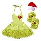 Newborn Baby Girl My First Christmas Outfits Sleeveless Green Furry Romper Dress W/Leg Warmers Santa Claus Hat Xmas Party Dress Up Cake Smash Photoshoot Set Sage Green Halter+Hat 18-24 Months
