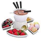 Marco Paul 10pc White Ceramic Chocolate Fondue Set with Stainless Steel Forks and 4 Half Moon Serving Dishes, Microwave Dishwasher Safe Cheese Fondue Sets Tealight Candle Mother's Day Birthday Gift