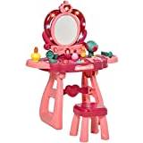 XIEEMAN 36 Pcs Children Vanity Musical Dressing Table Kids Magic Glamour Princess Mirror Make Up Desk With Stool Beauty Kit Lights Pretend Toy for 3 Years Old Wine Red+Pink