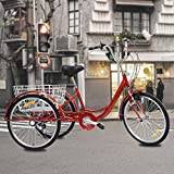 WSIKGHU Tricycle Bike for Adults 24 Inch Adult Tricycle 6 Speed 3 Wheel Bike Seniors Shopping Cargo Tricycle with Shopping Basket Tricycle for Adults Elderly Tricycle Red (155-185CM,110KG)