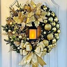 QuaHom Christmas Wreaths, 40cm/16 Inch Xmas Front Door Wreath and Lantern, Baubles, Berries and Bows, Artificial Christmas Door Garland Holiday Festival Indoor Outdoor Decor (Gold)