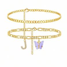 SHEIN New Butterfly Rhinestone Double Layer Anklet With  Letters Versatile Purple Stainless Steel  Beach Ankle Chain