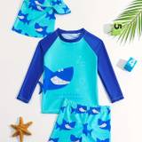 2pcs Cartoon Shark Pattern Swimsuit For Boys, T-shirt & Swim Trunks & Swim Cap Set, Stretchy Surfing Suit, Boys Swimwear For Summer Beach Vacation - Peacock Blue - 7Y