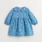 SHEIN Young Girls Sweet Dandelion Print Doll Collar Long Sleeve Denim Dress With Cute Details For Spring