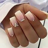 DMQ Square False Nails, 24Pc Pink White Gradient Fake Nails, Press on Nails with Rhinestones, Acrylic Stick on Nails for Women Girls Nails Art