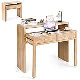 COSTWAY Extending Computer Desk, Wooden Study Writing Desk PC Laptop Table with 2 Storage Drawers, Home Office Workstation Console Table for Bedroom Living Room Hallway