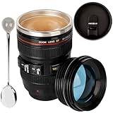 AMZHUB Camera Lens Coffee Mug,Travel Coffee Cup,Stainless Steel Lens Mug Thermos Camera Lens Mug with Lid and Spoon,Cool Gifts for Photographers Men and Women