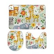 3 Piece Bathroom Rug Set Cute Animals Mother Baby Giraffe Elephant Tiger Pedestal Mat, Toilet Lid Cover, Non Slip Bath Mat