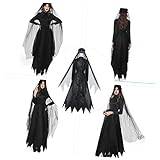 TENDYCOCO 1 Set Halloween Dress Black Long Veil Black Dress Top Victorian Witch Costume Halloween Long Dress Witch Dress Vampire Dark Queen Dress Womens Polyester Cosplay Bride Grim Reaper