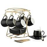 LYEOBOH Espresso Cups with Saucers Set, 3 Ounces Porcelain Coffee Cups with Metal Stand and Spoons, Cappuccino Cups Cute Demitasse Cups for Coffee Drinks, Latte, Tea Set of 6, Black