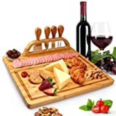 Bamboo Cheese Board, Charcuterie Board, Cheese Tray, Large Cheese Platter Includes 4 Cheese Knives Cheese Set, Ideal for Christmas, Birthday, Party, Wedding, New Year, housewarming Gift