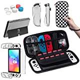 Case Compatible with Nintendo Switch OLED Model 2021, Nintendo Switch OLED Accessory Bundle with Case, Protective Film, Transparent Case for Nintendo Switch OLED, Case for Joy-Con (PU Black White)