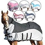 Equitack 600D Lightweight Turnout Horse Rug | 2 in 1 Fly Turnout with Combo Full Neck, Water Resistant Horse Blankets | Horse Cover with Adjustable Leg Straps (Black/Silver 6'9")