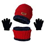 Kids Fleece Scarf Warm Kids Hat Scarf Gloves Three Piece Warm Set Knit Gloves (Red, One Size)