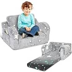 Toddler Couch, Kids Fold Out Sofa Chair, Glow in The Dark Convertible Folding Toddler Sofa Chair, Kids Toddler Couch 2 in 1, with Blanket (Grey Glowing Star)