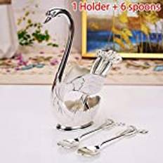 TOMYEUS Teaspoons 304 Stainless Steel Fruit Cake Fork Coffee Tea Spoon Swan Holder Cutlery Set Soup Spoon Spoons for Home, Kitchen (Color : Silver Holder 6Spoon)