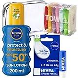 Spf Summer Travel Essentials Bundle with Protect & Moisture SPF 50+ Sun Lotion Spray 200ml, Lip Balm 4.8g and 7pcs Thickened Compressed Disposable Face Towels with Travel Bag