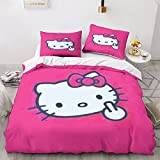 POYSPRING Hello Kitty Duvet Cover Cartoon Cat Set Soft Microfiber Bedding Set for Adults Teenager Kids 3 Piece Set with Zipper Closure for Home Decoration Quilt Cover Double（200x200cm）