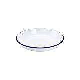 Premium Quality Traditional Enamel White Blue Trim Rice Plate, Pasta Plate, Bowl, Dinner Plate, Round Pie Plate, Soup Plate, Mixing Bowl, Deep Dish Tableware Crockery (Rice Pasta Plate 22cm)