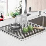 1pc Roll Up Dish Drying Rack, Foldable Rolling Dish Drainer Over The Sink, Drying Rack, Stainless Steel Sink Rack For Kitchen Counter Of Various Sizes, 17.7in*11in - Gray