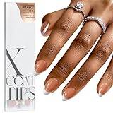 BTArtbox French Tip False Nails - Short Almond Nail Tips for Gel Extensions, 3 in 1 XCOATTIPS Press on Nails, Pre-applied Tip Primer & Base Coat Cover, Brown Soft Gel Fake Nails