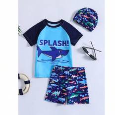 SHEIN Young Boy Cartoon Shark Printed Short Sleeve Swimwear With Shoulder Insets Shorts And Swim Cap Piece Set