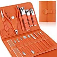 Manicure Set Professional Nail Clippers Pedicure Kit, 16 pcs Stainless Steel Nail Care Tools Grooming Kit with Luxurious Travel Leather Case for Thick Nails Men Women Gift (Orange)