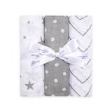 grey & white organic muslin swaddles - with gifting ribbon- set of 3 - Grey and White Stars
