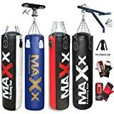 Maxx 5Pcs Boxing Set, 4ft Hanging Boxing Bag, Heavy Punch Bag used as Home Gym Boxing Equipment, Black/Red Punching Bag, Punch Bags for Martial Arts, MMA (BLACK, BAG WITH WALL BRACKET)