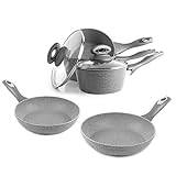 Salter COMBO-5122 Pot and Pan Set - 5 Piece, 16/18/20cm Saucepans, 24/28cm Frying Pans, Non-Stick, Induction Suitable, Cooking Pots with Lids, Forged Aluminium Cookware, Marblestone Collection, Grey