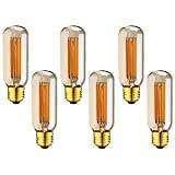E26 LED Tubular Bulb 6W 2200k Warm Yellow Antique Edison Style T45 Brown Glass Dimmable LED Filament Light Bulbs, 360° Beam Angle, 6 Pack