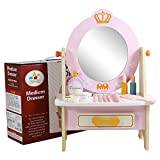 Moageme Girl Salon Set | Wooden Dressing Table Vanity Mirror Pretend Play Toy Set with Wooden Perfume Lipstick Eye Shadow Plate Comb Makeup Brush, Pretend Play Toy Set for Little Girls