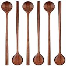 Grendly 6 Pieces Wooden Long Spoons Long Handle Round Spoons Korean Style Soup Spoons for Soup Cooking Mixing Stirring Kitchen