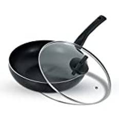 Daifort Deep Frying Pan 3 Layer Non-Stick Coating Glass Lid | Sauté Pan| Wok Pan |Soft Touch Handles | Suitable for Induction Hob Electric and Gas | Easy Clean (Black, 26cm)
