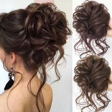 Messy Chignon With Elastic Rubber Band For Women Updo Tousled Hairpiece Messy Curly Wavy Hair Bun Scrunchies Extensions - Dark Brown