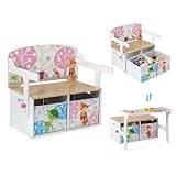 COSTWAY Kids Table and Chair Set, Convertible Toy Storage Bench with 2 Removable Fabric Bins, Multifunctional Organizer Chest for Children Room, Playroom, Kindergarten (White)