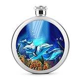 Beautiful Dolphins Round Hip Flask for Liquor Portable Stainless Steel Pocket Wine Flask With Lid For Men Women 5 OZ